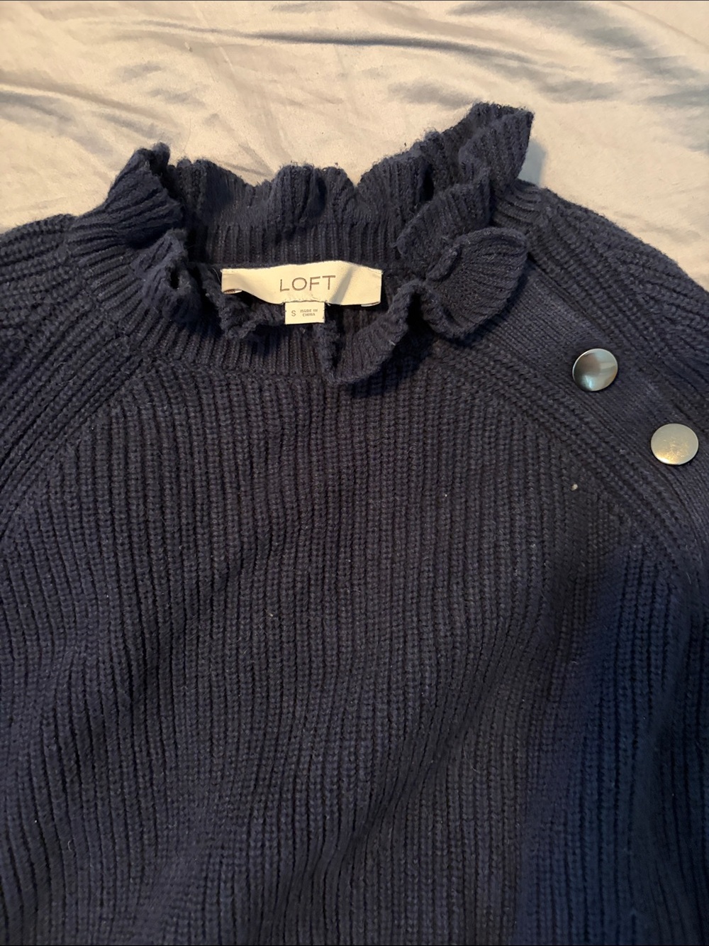 LOFT Navy Ruffle Mock-Neck Sweater with Shoulder Buttons
